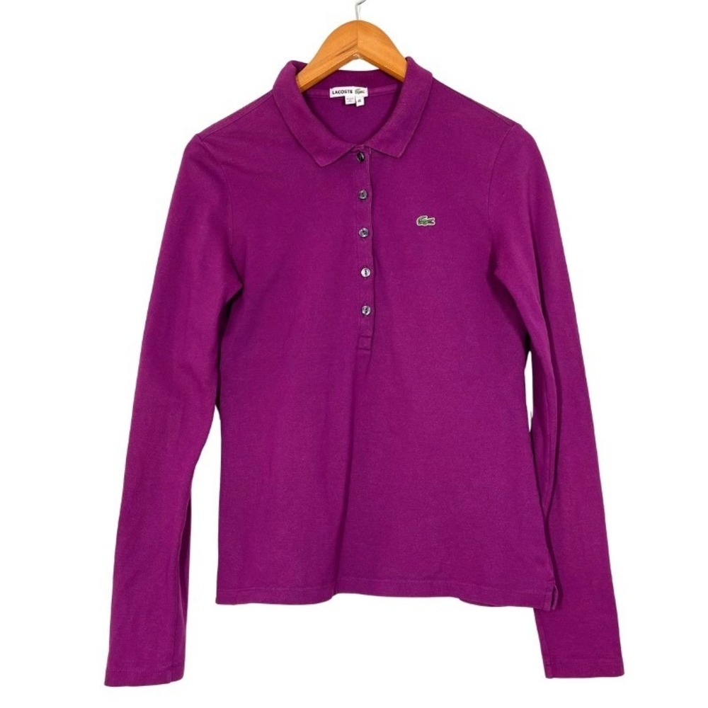 Lacoste Womens Long Sleeve Polo Shirt Magenta Purple Stretch Pique Size 40 US M